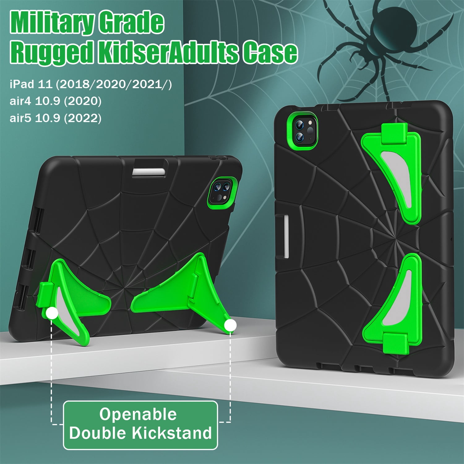 Kids Case for iPad 9th/8th/7th Generation with Pencil Holder, Lightweight Shockproof Stand Anti-Slip Rugged Silicone PC Case Cover for iPad 10.2" 2021/2020/2019 for Boys Girls, Black+Green