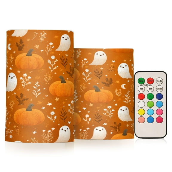 2 PCS Flameless Candles with Remote Timer LED Battery Operated Flickering Candle Light for Wedding Table Home Decoration Gifts Fun Orange Halloween Pattern