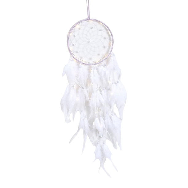 Atrapasueños hecho a mano con plumas blancas, decoración ligera para colgar en Con luz