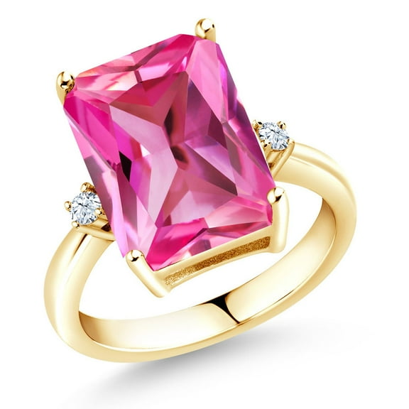 Gem Stone King 18K Yellow Gold Plated Silver Pink Created Sapphire Ring for Women (10.06 Cttw, Emerald Cut 14x10MM, Gemstone September Birthstone, Size 5)