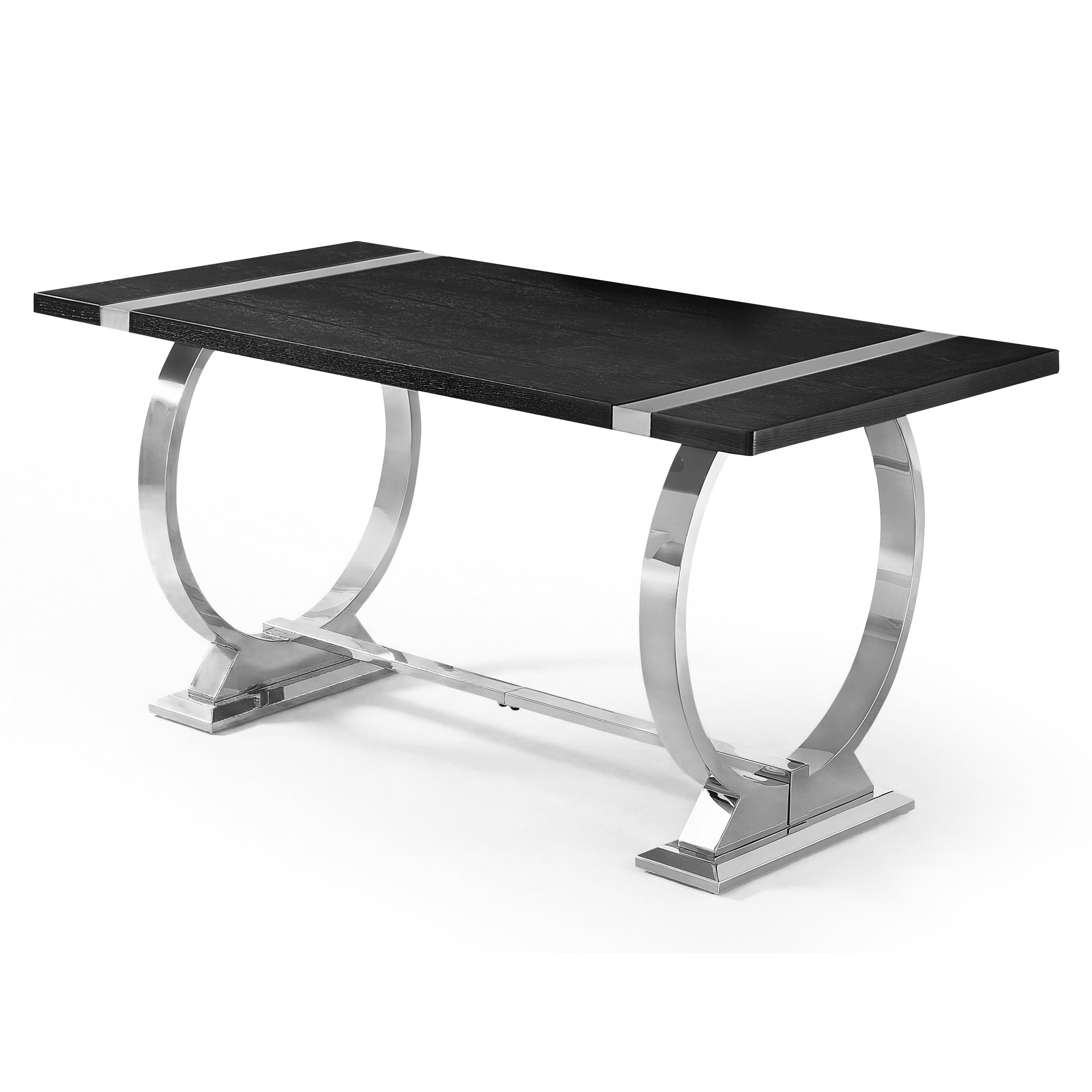 Furniture of America Gaius Glam Wood 60" Rectangle Dining Table with O-Shaped Stainless Steel Trestle Base, Black and Silver