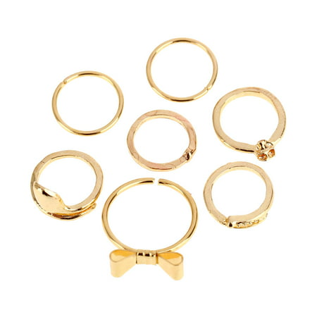7Pcs Punk Style Gold Color Skull Bowknot Heart Design Simple Nail Band Stacking Finger Rings Set for