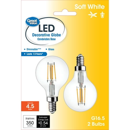 Great Value LED Light Bulb, 4.5W (40W Equivalent) G16 Small Globe Lamp E12 Candelabra Base, Non-dimmable, Soft White, 2-Pack
