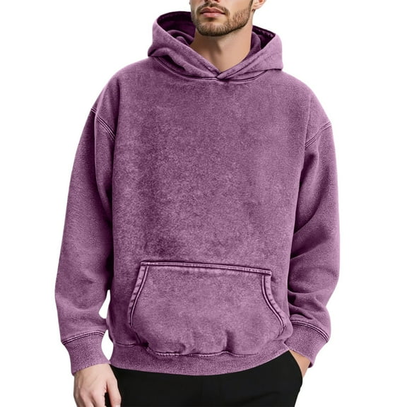 VNKIDY Men Heavyweight Hooded Sweatshirt Washed Pullover Soft Warm Winter Hoodie With Front Pocket Casual Wear Male Long Sleeve Solid Color Autumn Streetwear Cozy