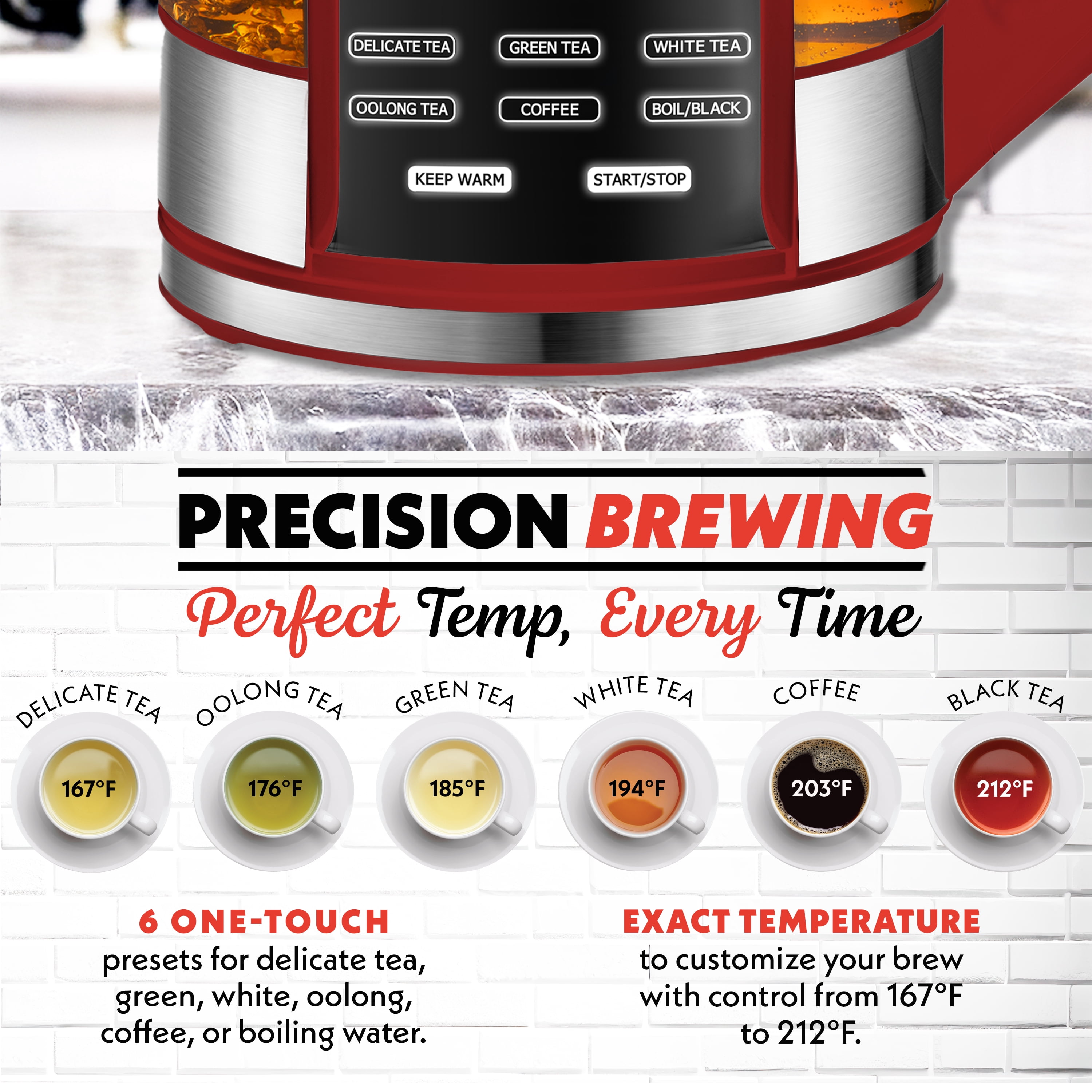 Gourmia Electric Kettle 1.7L with 6 Presets, Digital Display, and Tea Infuser, Red