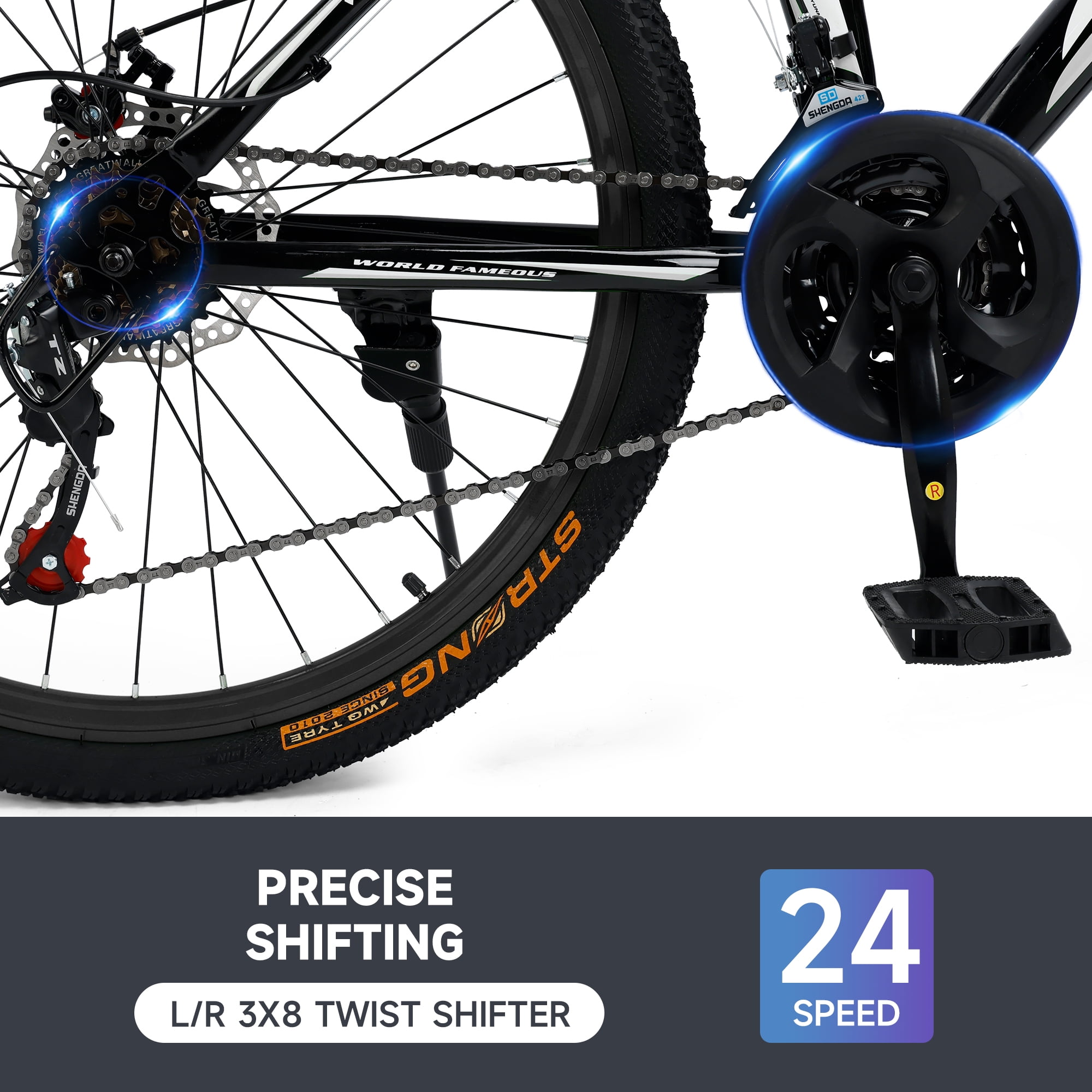 26" Mountain Bike for Men/Women, 24 Speed Shimano Twist Shifting, Front Suspension, Comfort Saddle Red/White/Blue/Green