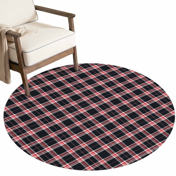Plaid Overlays Washable Round Area Rug 6 ft, Minimalist Black Red Gingham Intersecting Band Soft Non‑Slip Rugs Stain Repellent Indoor Mats for Medium‑Sized Living Room, Circular Dining Space