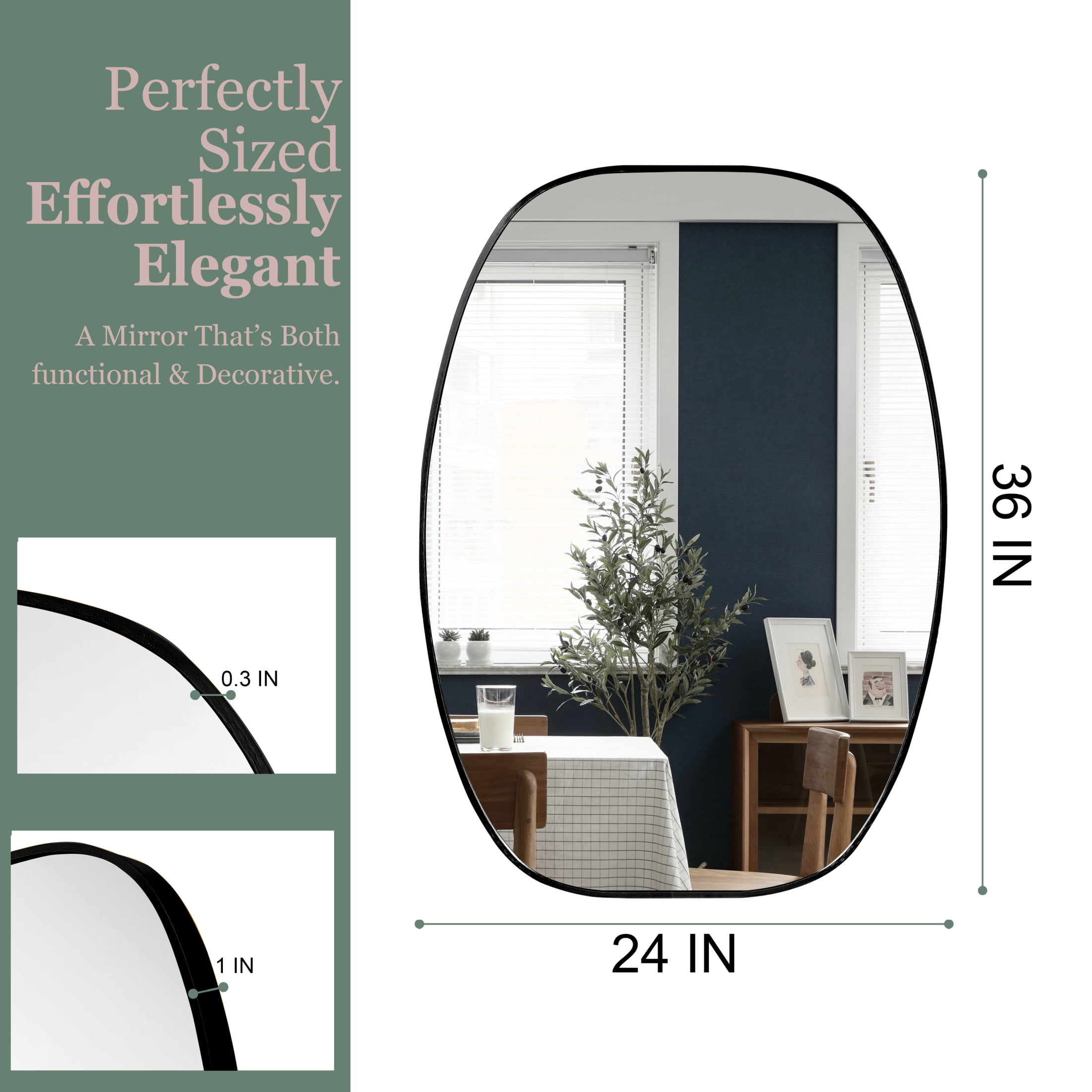 Noble House 24"x36" Unique Metal Framed Oval Wall Mirror, Modern Oblong Vanity Mirror for Bathroom & Entryway, Black