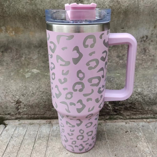 Taza térmica de acero inoxidable 304 con estampado de leopardo y asa de 40 oz para coche, con pajita, protección contra el frío