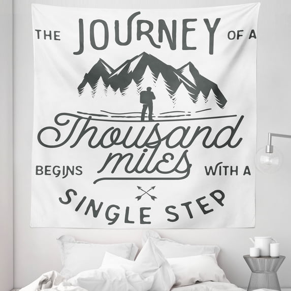 Adventure Tapestry, Long Journeys Starts a Single Step Words Inspirational, Fabric Wall Hanging Decor for Bedroom Living Room Dorm, 5 Sizes, Charcoal Grey White, by Ambesonne