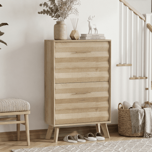 23.6" Slim Flip-Top Shoe Cabinet, Oak Wood Entryway Shoe Storage Cabinet with Double Tilt-Out Doors, Open Shelf, Mid-Century Modern Freestanding Shoe Organizer for Entryway & Hallway