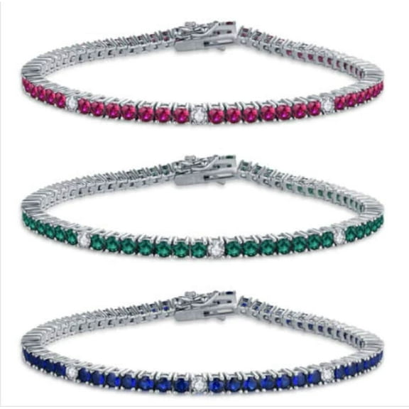 sterling silver 14k gold plated Ruby Emerald Sapphire and simulated diamond Bracelet, 925 Sterling Silver, Tennis Bracelet, Birthstone Bracelet, Three Stone Jewelry, Gift For Friend