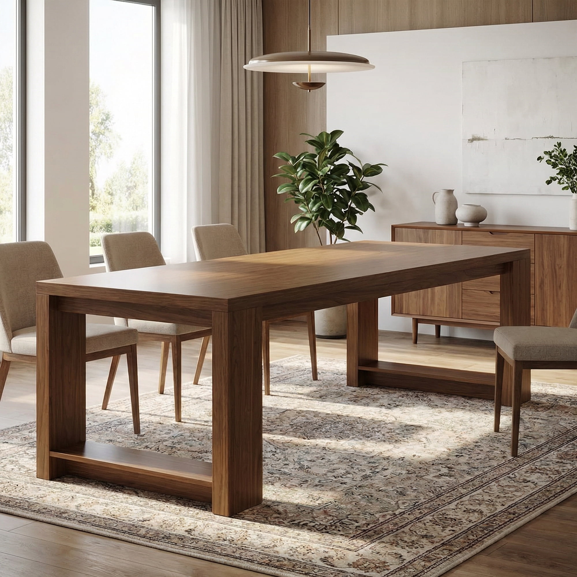 86 Inch Farmhouse Dining Table, Warm Large Kitchen Table For 8-10 People, Solid MDF Dinner Table With Brown Finish, Versatile Table For Home & Office Gatherings