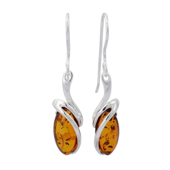 Genuine Baltic Honey Amber Drop Earrings “Gemma” in 925 Sterling Silver – Fish Hook Oval Amber Dangle Earrings, Handcrafted European Jewelry