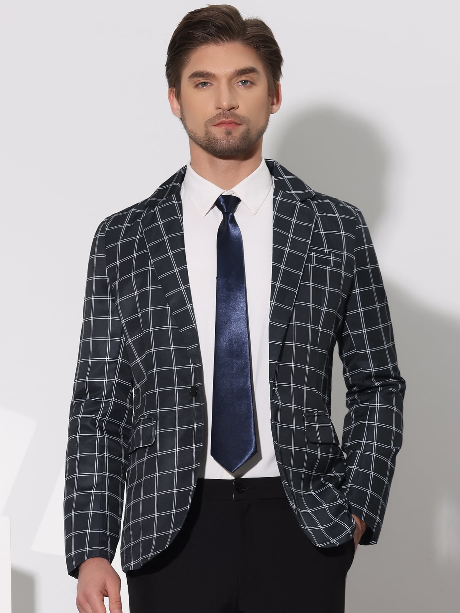 DARING DIVA Men's Plaid Blazers Notch Lapel Checked Wedding Dinner Sports Coat L Black