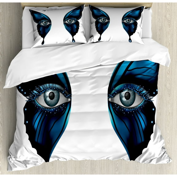 Eye Duvet Cover Set, Realistic Female Eye on Butterfly Wings Makeup Masquerade, Decorative 3 Piece Bedding Set with 2 Pillow Shams, Queen Size, Blue Black White, by Ambesonne