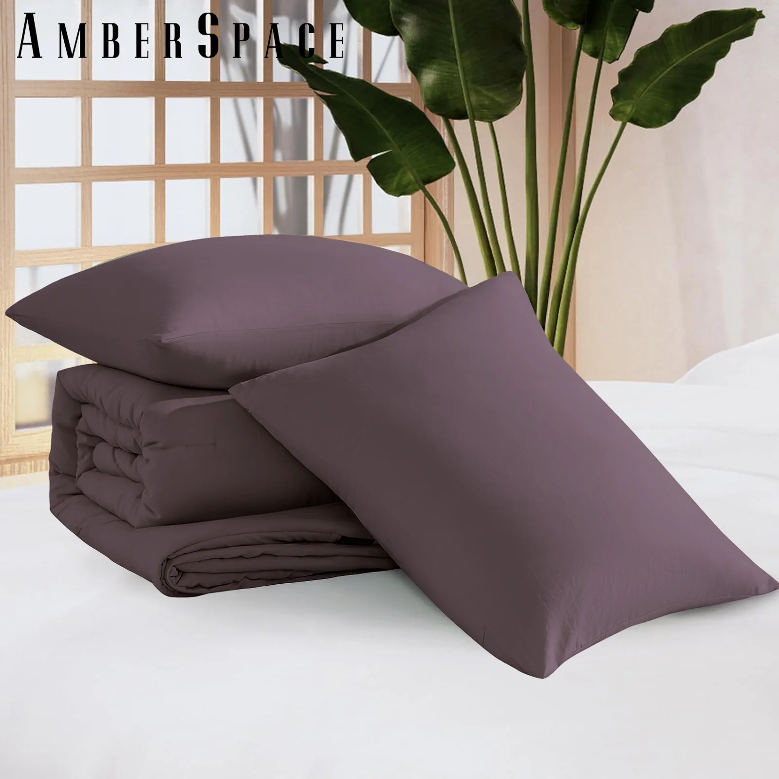 Amberspace Prewashed fabric 3-piece Bed in a Bag Comforter Set with Sheets,Deep Purple,King