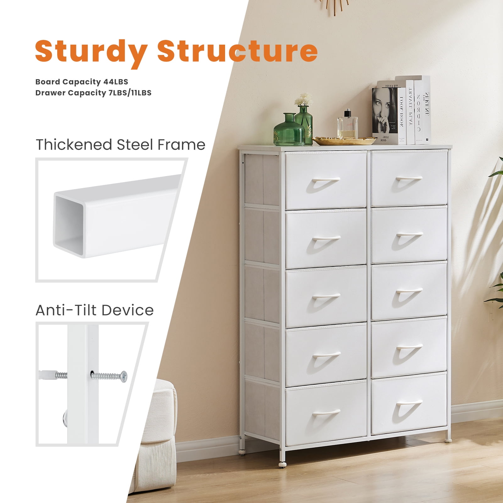 CONCETTA 10-Drawer Fabric Dresser Storage Chest for Bedroom, Closet, Entryway, Storage Furniture for Adults, White