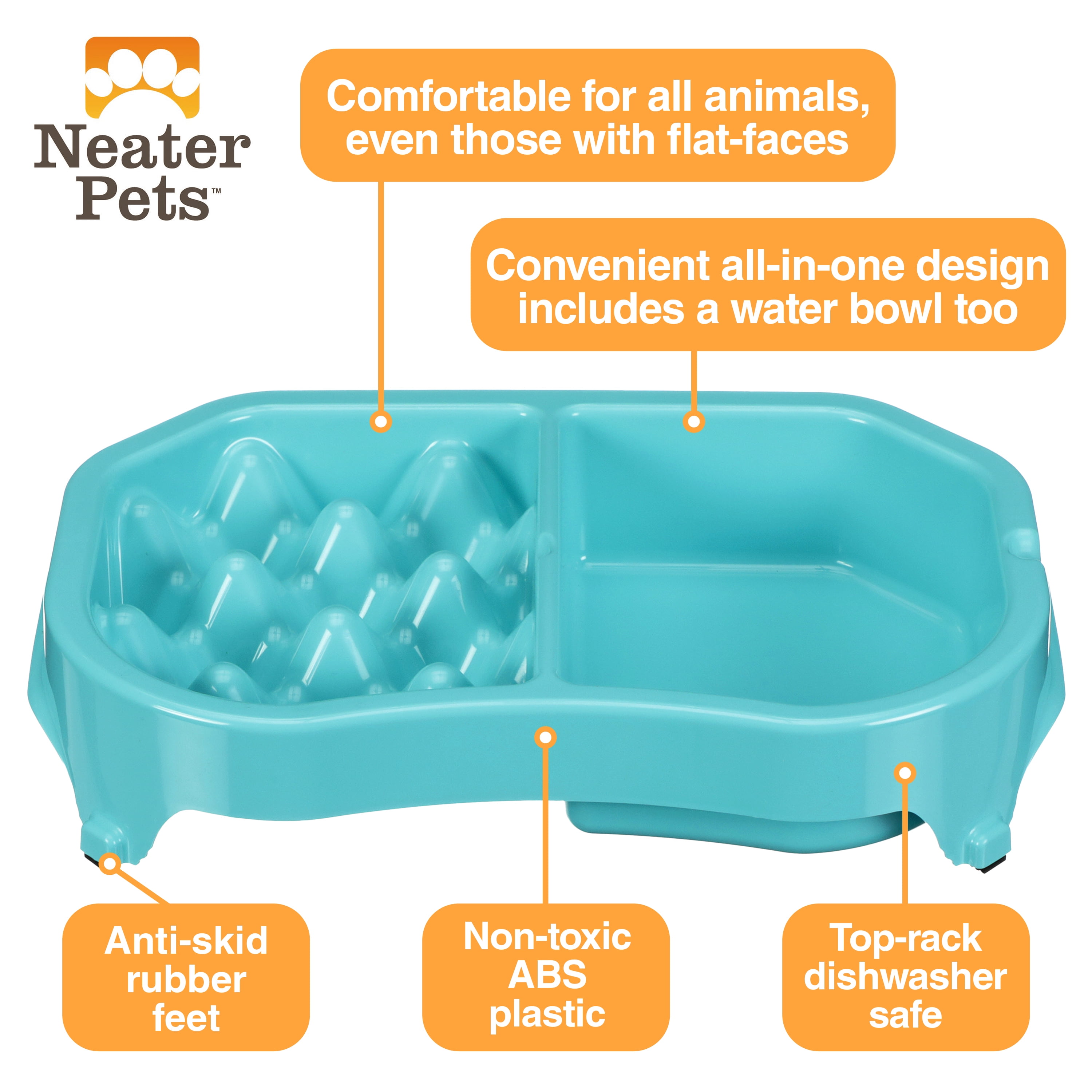 Neater Pet Brands Neater Slow Feeder Double Diner Food and Water Bowl - Improves Digestion, Stops Obesity, and Slows Down Eating, Aquamarine