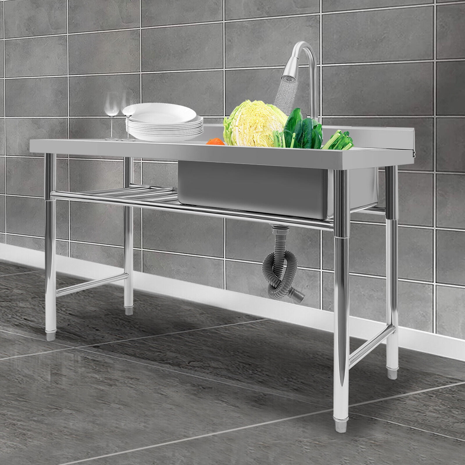 Commercial Sink Stainless Steel Freestanding Kitchen Sink with Prep Table Kitchen Single Bowl Sink with 360°Faucet Drain for Kitchen Bar Cafe, 47 * 23 * 31inch