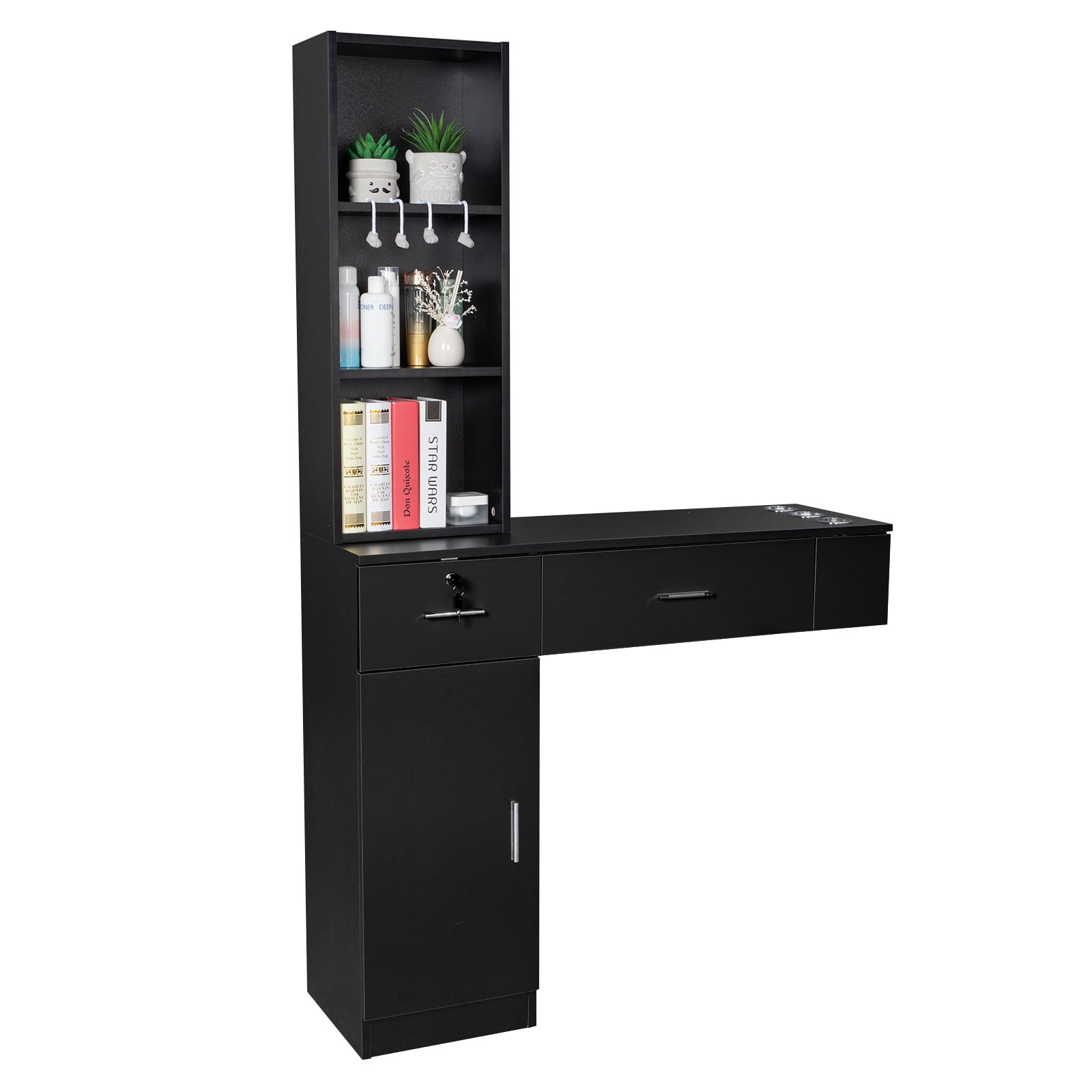 Zimtown Salon Cabinet with 3 Shelves & 2 Drawers, Wall Mount Hair Styling Station, Black
