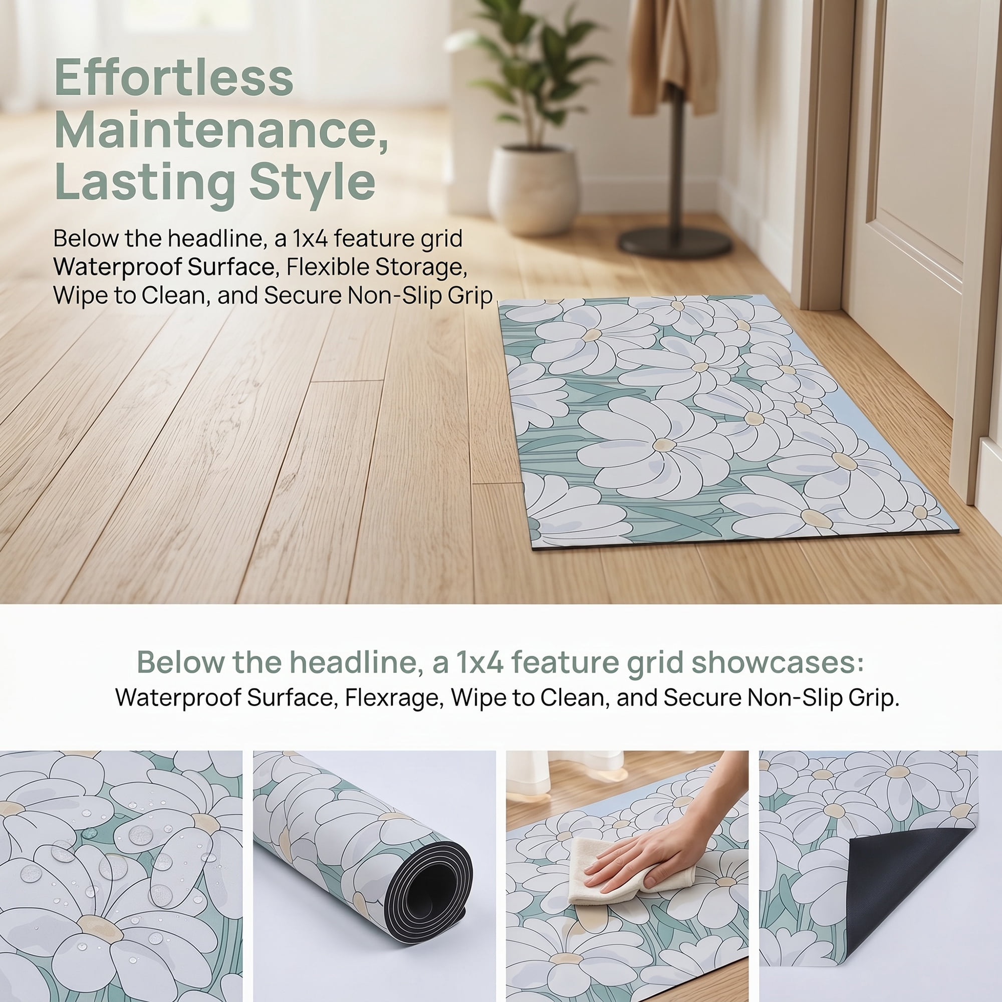 Unique Bargains Boho Doormat Non-Slip Doormat for Outdoor Entrance Green Flower 30" x 18"