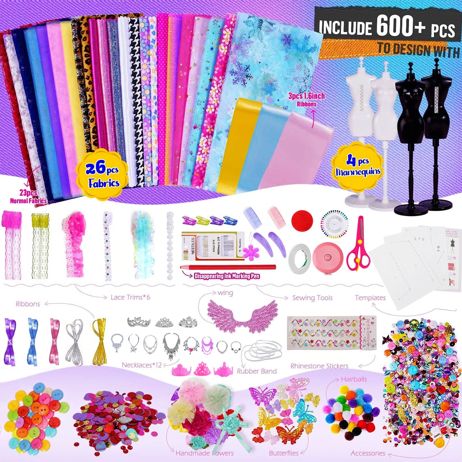 Rulwuck 600PCS Girls Fashion Designer Kit, Kids Creative DIY Craft 8-12-Girls Toys-Kids Sewing Craft Kits-Girls Birthday Gift