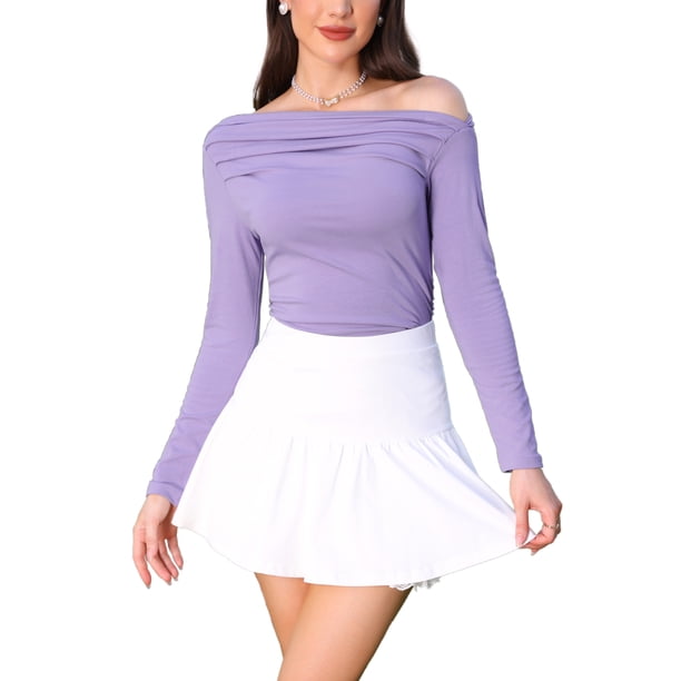 Blusas de manga larga sin hombros para mujeres, camisetas arrugadas casuales, L púrpura
