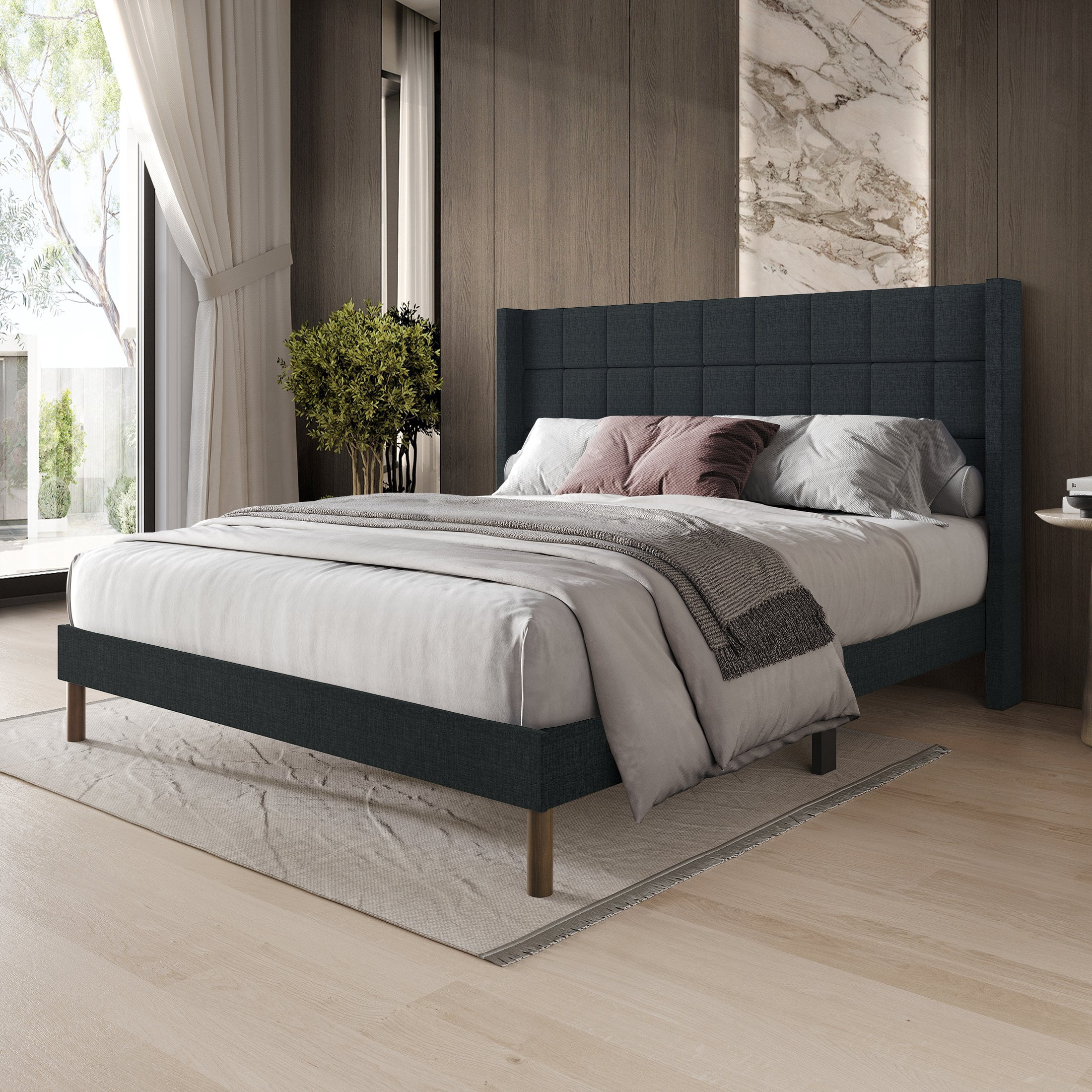 Castle Place Square Grid Stitched Linen Wingback Twin Platform Bed, Charcoal Grey