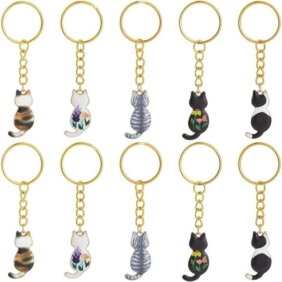 1 Set 10Pcs Enamel Cat Keychain Pet Keychain Bulk 5 Styles Colorful Small Mini Alloy Kitty Metal Keyrings Hanging Pendant Keychains for Car Key Keychain Purse Bag Party Favors DIY Women Decoration