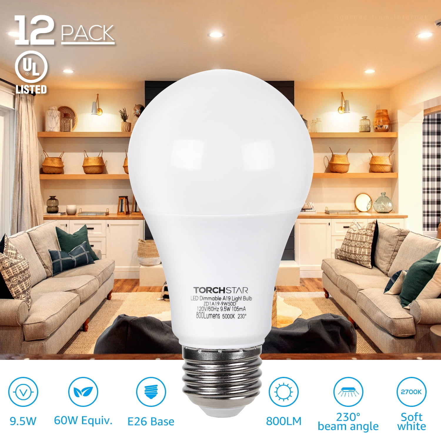 TORCHSTAR 12-Pack Dimmable LED A19 Light Bulb, 9.5W(60W Eqv.), E26 Base Bulbs, 800lm, 2700K Soft White, UL & Energy Star Listed, for Floor Lamp, Desk Lamp, Ceiling Fan, 3-Year Warranty