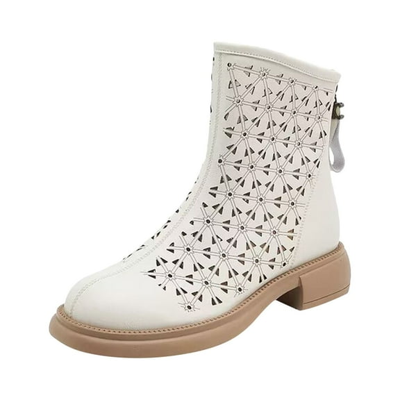 Jsaierl Women's Perforated Cutout Ankle Boots Chunky Stacked Block Heel Booties Perforated Western Booties V Cut Zipper Short Shoes
