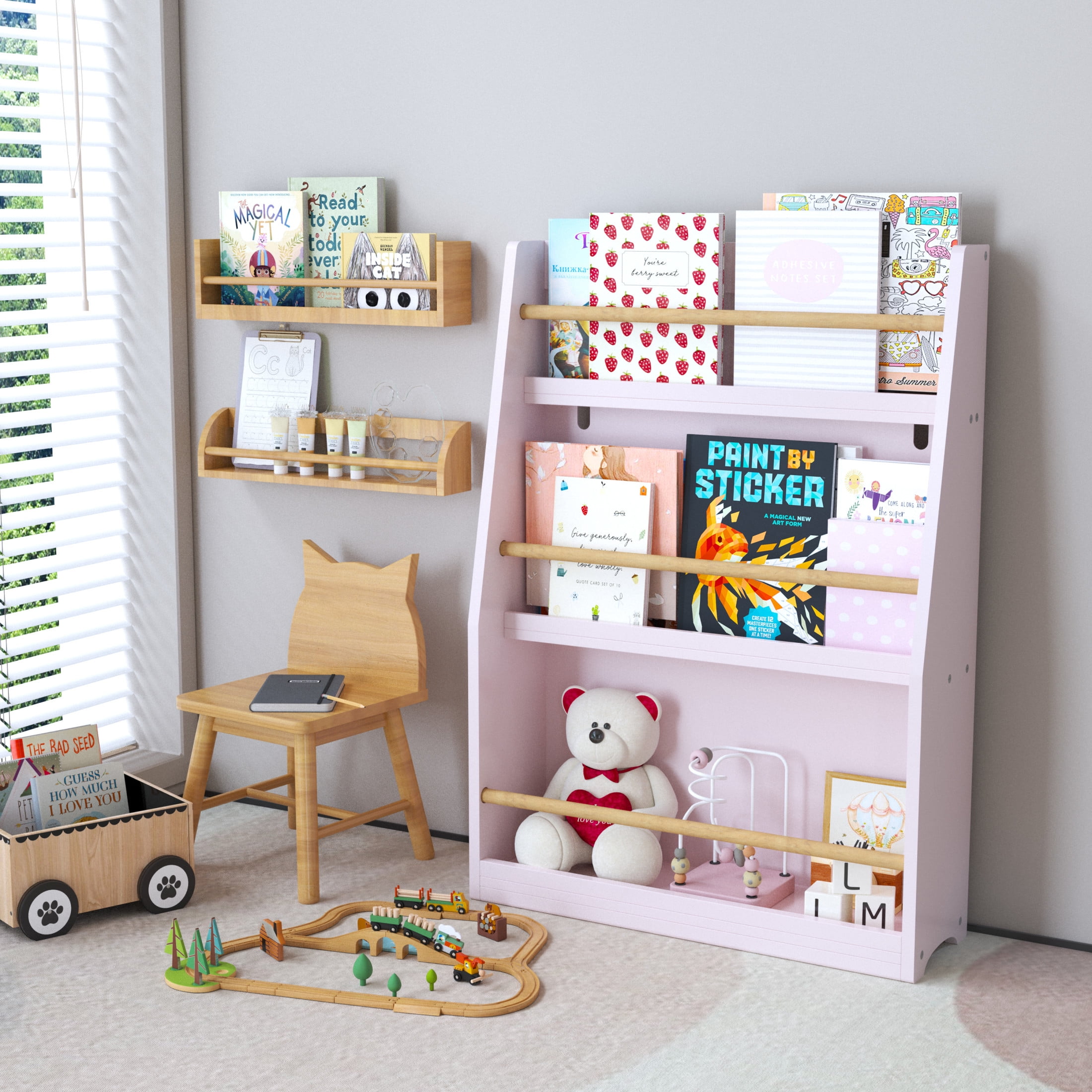 Noble House Sage 3-Tier Kids Book Shelf, Front-Facing Toddler Book Rack for Bedroom, Playroom or Nursery, Pink