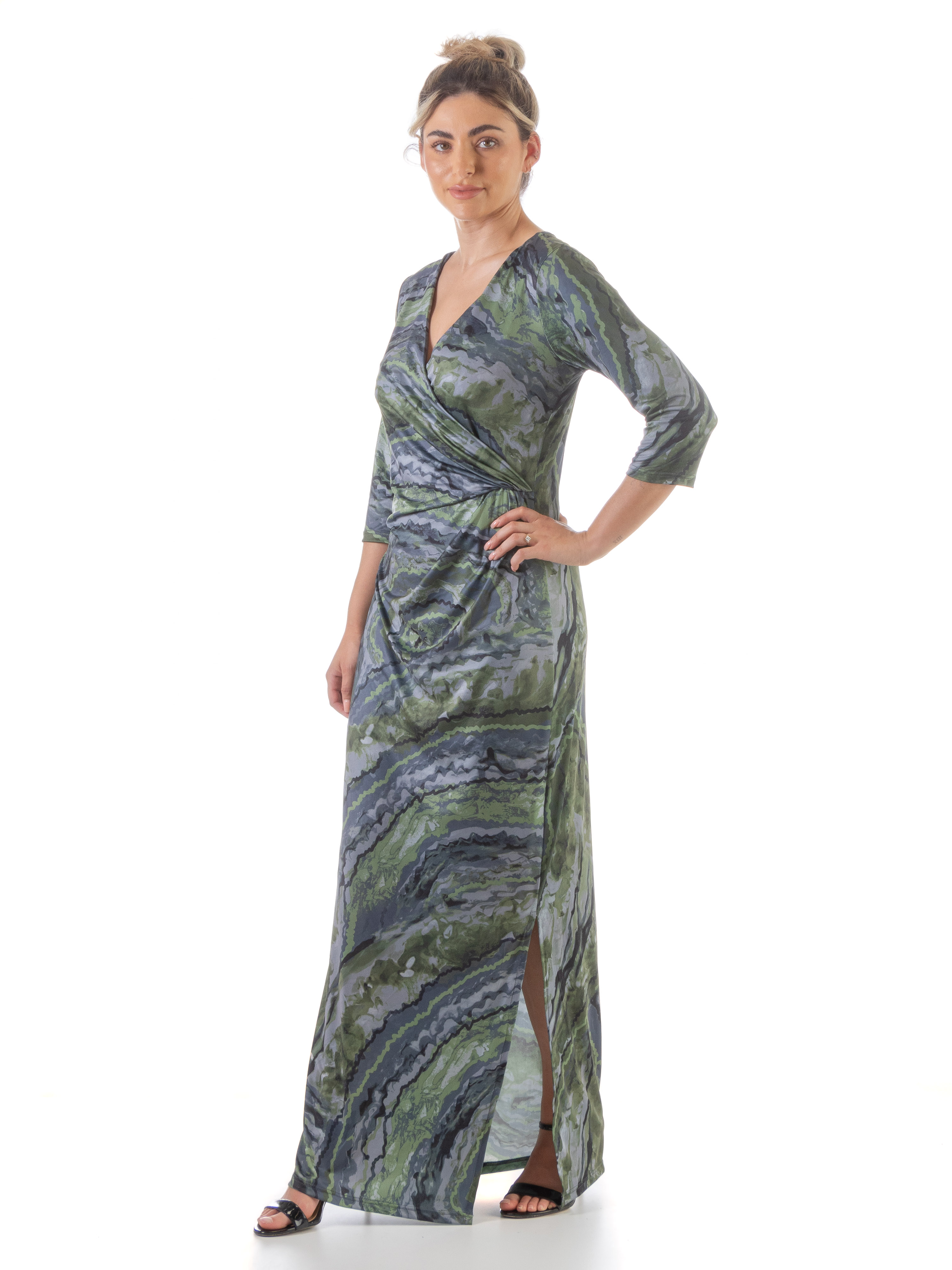 24/7 Comfort Apparel Womens Green Faux Wrap Side Slit Plus Size Maxi Dress