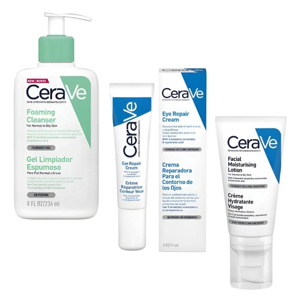 Kit Cuidado Facial Cerave para Piel Sensible: Gel Limpiador Espumoso, Crema Contorno de Ojos & Loción Hidratante - Hidratación 24h, Sin Parabenos, Para Piel Seca y Sensible