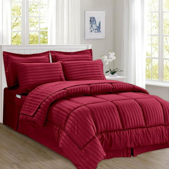 Mocassi Comforter Set, 8-Piece Striped Down Alternative, Soft & Plush Bedding Set Perfect for Any Bed Room, Full/Queen Size, Burgundy