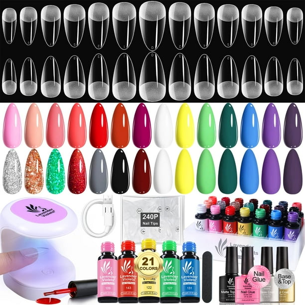 Kit de uñas de gel, violeta lavanda, con 240 puntas cortas de almendra