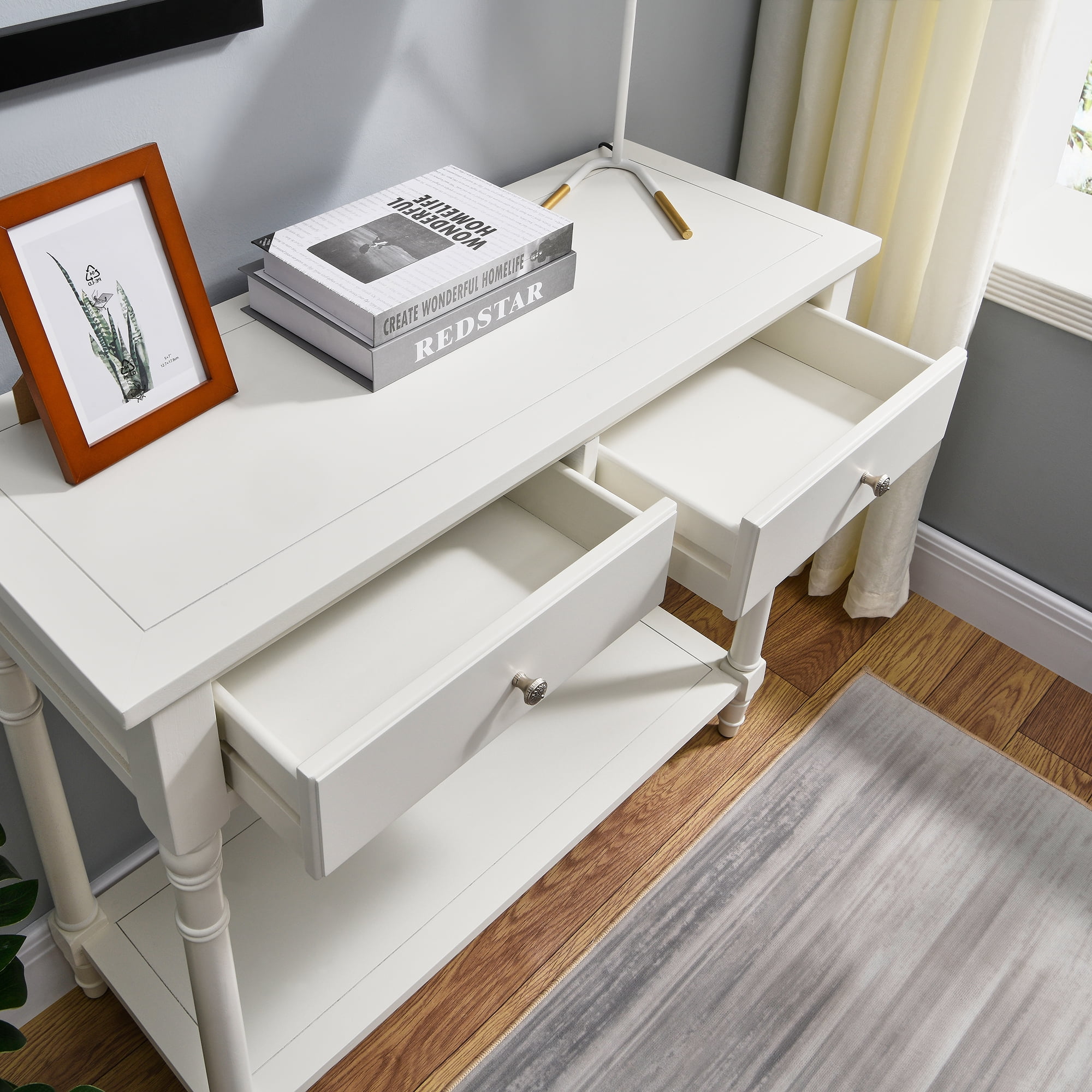 JESONVID Solid Wood Console Table with 2 Drawers, 2-Tier 35.4" X 30" Accent Sofa Table with Multilayer Storage Shelf Rustic Hall Entryway Tables for Living Room Home Office-White