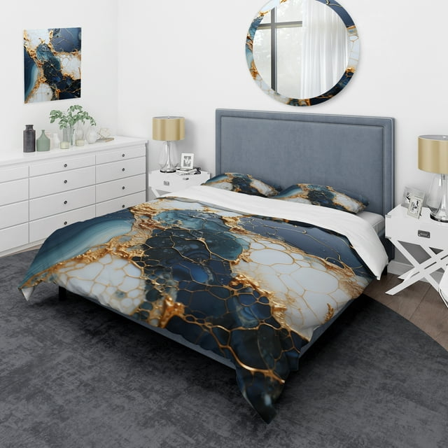 Designart "Marble Ink Art in Gold and Blue I" Abstract Liquid ink Bedding Covert Set - Abstract Gold Modern Bed Set With 2 Shams