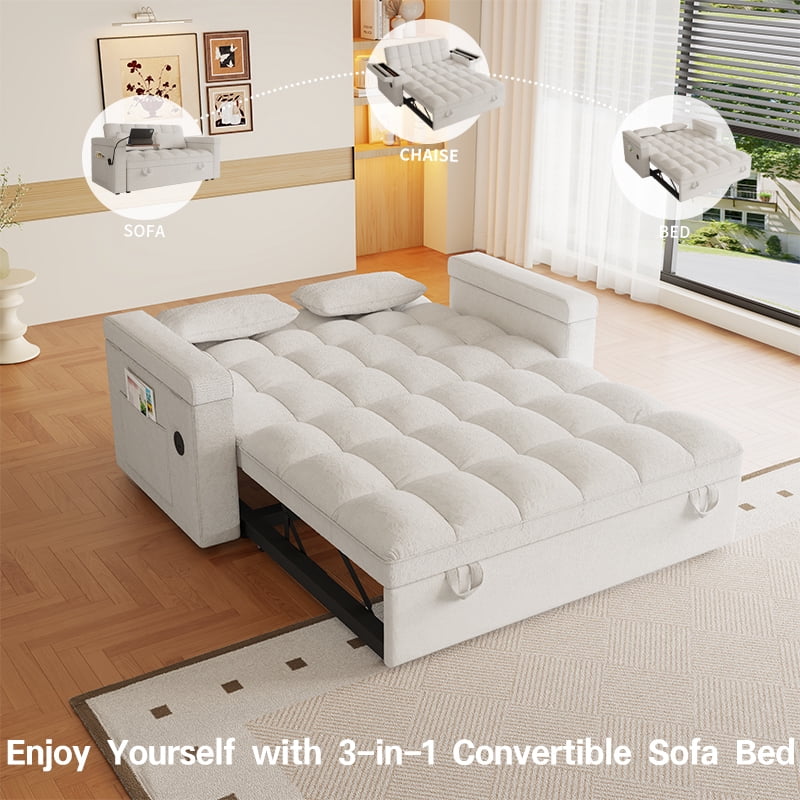 avobird 65'' 3 in 1 Convertible Sleeper Sofa Bed, Pullout Sleeper Sofa with Hidden Side Table/Charging port/Hidden Storage, Modern Futon Sofa for Apartments, Off white