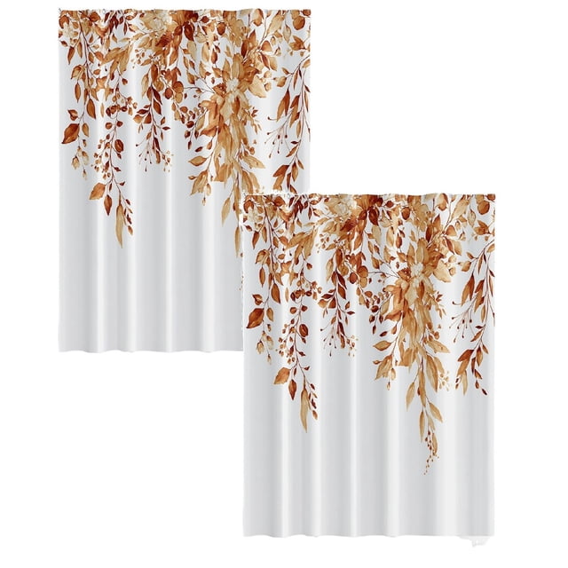 Leaf Pattern Shower Curtain 100X70Cm (2Pcs), Orange Botanical Leaves Kitchen Window Curtains Over Farmhouse Flower Fall Small Window Cafe Short Curtains for Bathroom Tier Drapes, Shower Curtain*2