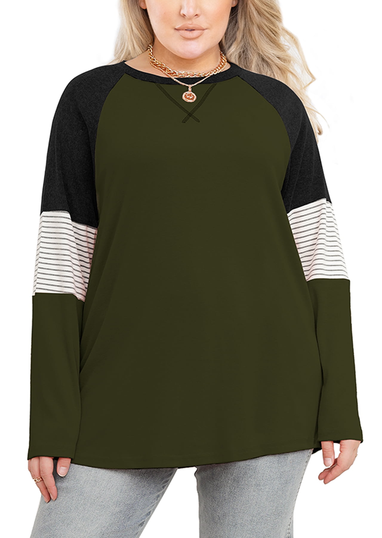 LARACE Plus Size Tops Women Pullover Sweatshirt Color Block Tee Long Sleeve Tunic Striped Raglan Shirt
