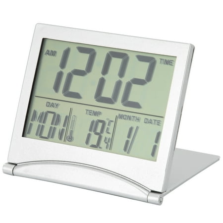 LYUMO Foldable Digital Clock with Calendar, Temperature, Timer, LCD Display, Battery Operated, Silver