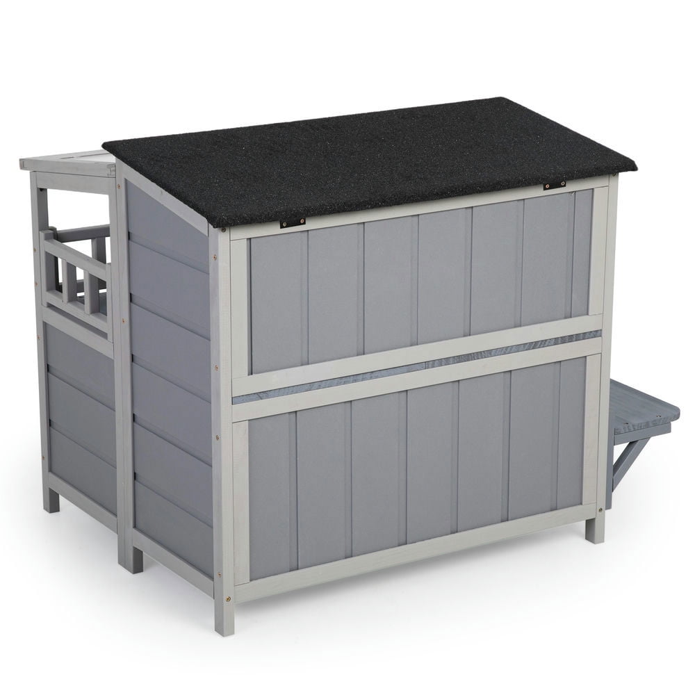 Spaco 2-Tier Wooden Cat House & Enclosure with Jumping Platforms and Play Run, Waterproof Outdoor Cat Cage, Gray