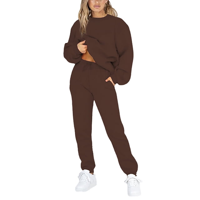 Innerwin Two Piece Outfit Drawstring Women Jogger Set Sports Long Sleeve Beam Foot Sweatsuits Coffee 5XL