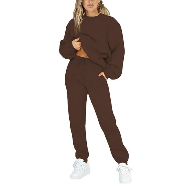 Daeful Jogger Set Drawstring Sweatsuits Long Sleeve Two Piece Outfit Ladies  Thick Casual Elastic Waist Lounge Sets Coffee XL 