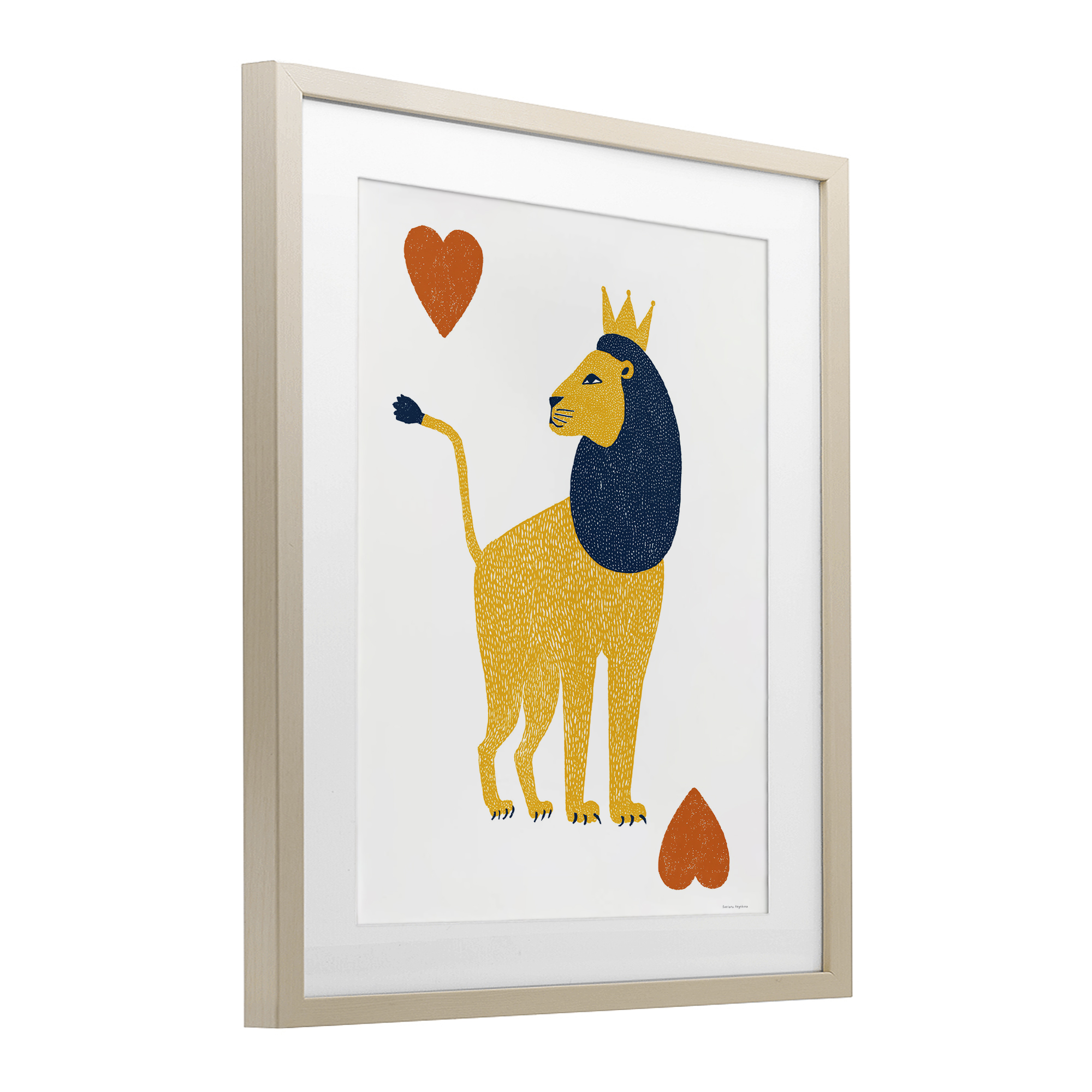Lion & Hearts Card Birch Framed Print Under Glass, design by Svetlana Aleynikova