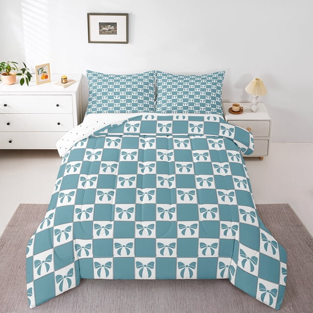 Erosebridal Blue Checkered Bedding Full Comforter Set, Kawaii Bow Bedding Full Comforter Set, Geometry Grid Room Decor, Reversible 3pcs