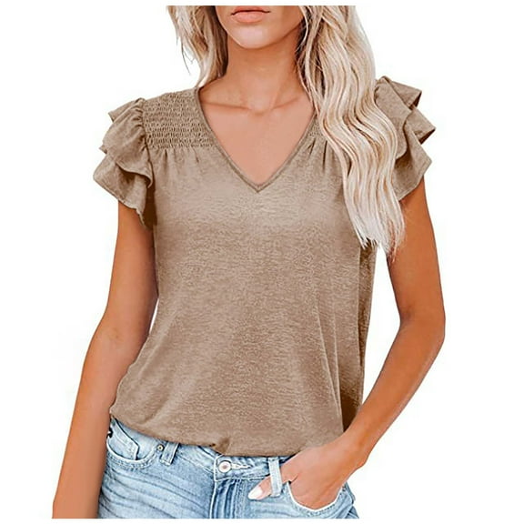 HBYJLZYG Shirts For Women, Short Sleeve Causal V-Neck T-Shirt Solid Ruffle Sleeve Blouse Summer Y2K Clothing 2024