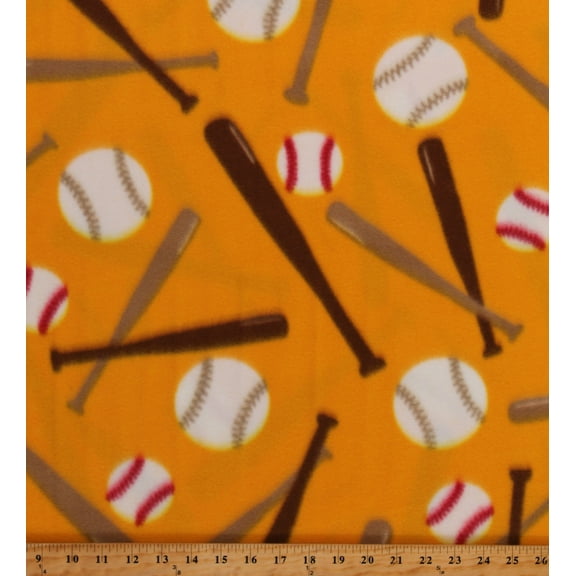 Fleece Baseball Bats Balls on Yellow Sports Fleece Fabric Print by the Yard (9193F-11D-yellow)